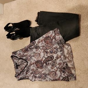 White House Black Market V-Neck, Chiffon, High-Low, Sleeveless, Paisley Blouse